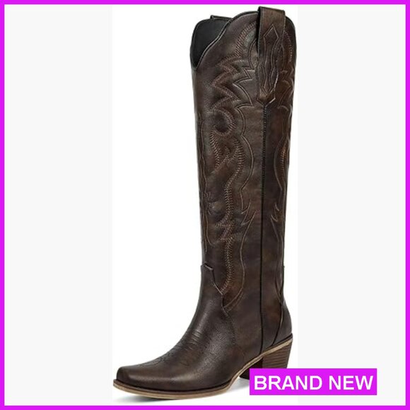 Knee High Western Boots Retro Embroidered Chunky Heel Slip On Pointed Toe